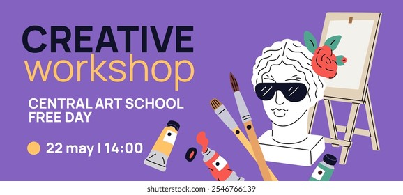 Art workshop invitation. Artistic course announcement. Creative painting classes or exhibition poster template. Plaster sculpture head. Paint palette and easel Garish