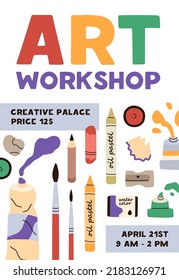 Art Workshop Promo Flyer Design. Vertical Ad Banner Of Creative Drawing Class, School In Painting Atelier, Studio. Advertisement Poster Template Of Artists Festival. Flat Vector Illustration