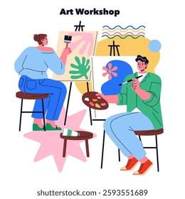 Art workshop setting with participants engaged in painting. One person uses a brush on a canvas while another holds a palette, illustrating creativity, collaboration, and artistic expression in a