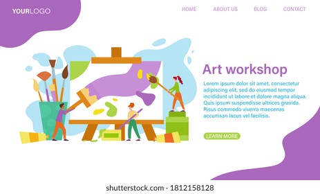 Art Workshop webpage template with two people painting a canvas on an easel and text copyspace, colored vector illustration