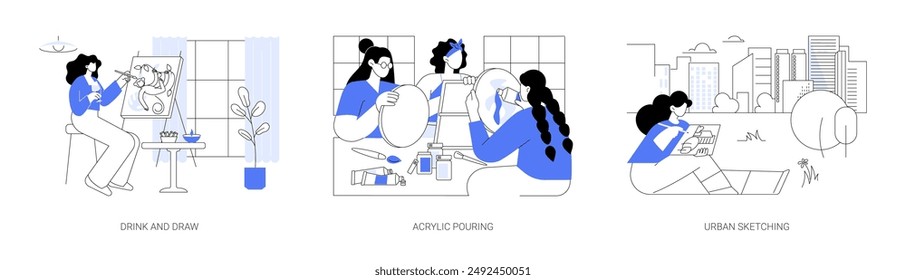 Art workshops isolated cartoon vector illustrations set. Drink and draw class, woman drinking wine and painting, pouring acrylic paint on canvas, urban sketching class outdoors vector cartoon.