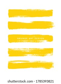 Art yellow brush paint texture stroke set isolated vector background. Grunge line collection.