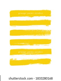Art yellow brush paint texture stroke set isolated vector background. Grunge line collection.