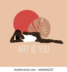Art is you. Vector  hand drawn illustration of lying women in swimsuit with palm leaf and circle isolated.  Template for card, poster, banner, print for t-shirt, pin, badge, patch.
