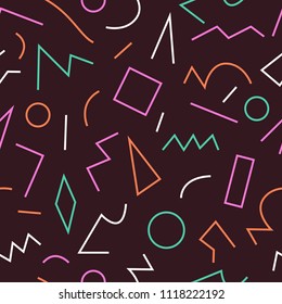 Art-deco style geometric seamless pattern. Glow colors on purple background. 
