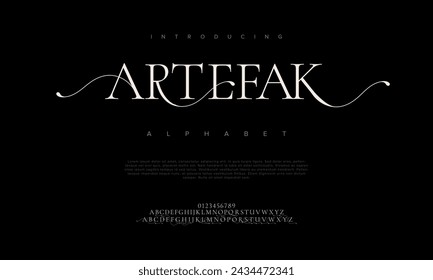 Artefak premium luxury elegant alphabet letters and numbers. Elegant wedding typography classic serif font decorative vintage retro. Creative vector illustration