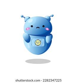 Arteficial intelligence robot with sad emodji. Online helper in application. Vector chat bot in your mobile device. Chatting assistant. Cute mascot