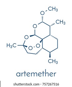 Artemether malaria drug molecule. Active against schizonts of Plasmodium falciparum and vivax. Methyl ether derivative of artemisinin. Skeletal formula.