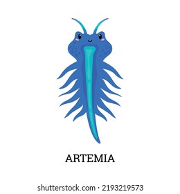 Artemia Or Brine Shrimp Aquatic Crustacean Animal Cartoon Kawaii Character, Flat Vector Illustration Isolated On White Background. Planktonic Artemia Shrimp.