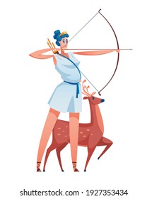 Artemis. Ancient greek goddess with a bow and arrow in her hands. Deer in the background. The mythological deity of Olympia. Vector illustration.