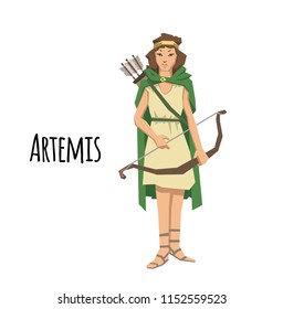 Artemis, ancient Greek goddess greek of the hunters. Ancient Greece mythology. Flat vector illustration. Isolated on white background.