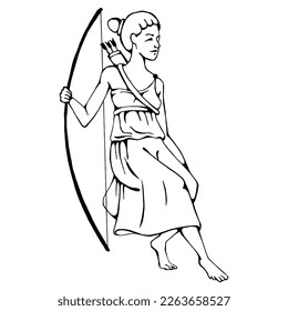artemis with a bow, in Greek chiten. Black minimal line drawing. Vector illustration