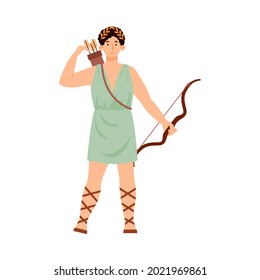 Artemis or Diana ancient Greek or Roman mythology goddess of hunting with bow and arrow, flat cartoon vector illustration isolated on white background.