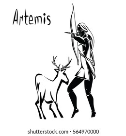 Artemis, Diana, archer, bow and arrow, small deer, lettering 'Artemis' black vector illustration isolated on a white background. Shape of beautiful antique girl in tunic with long hair