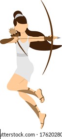 Artemis or Diana, Greek or Roman goddess of the hunt. Archer woman on a white background.