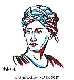 Artemis engraved vector portrait with ink contours on white background. The Greek goddess of the hunt, the wilderness, wild animals, the Moon, and chastity. The goddess Diana is her Roman equivalent.