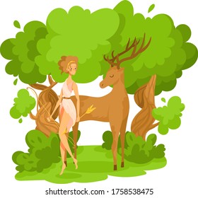 Artemis female character greek god hunting bow, animal deer stand craft ground isolated on white, cartoon vector illustration. Ancient hellenic woman and reindeer mythological hellenic mystery place.