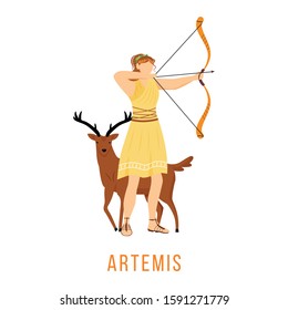 Artemis flat vector illustration. Ancient Greek deity. Goddess of Moon, hunt and archery. Mythology. Divine mythological figure. Isolated cartoon character on white background