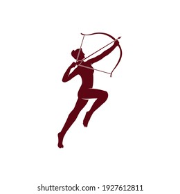 Artemis Greek ancient with bow archer silhouette in the burgundy color illustration
