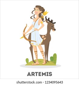 Artemis greek goddess from ancient mythology. Female character with bow and arrow. Huntress with deer. Isolated vector illustration in cartoon style