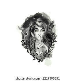 Artemis the Greek goddess of the hunt tattoo art idea with doe 