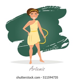 Artemis. Greek gods. Vector illustration. Cartoon character. Isolated. Flat. Mythology.