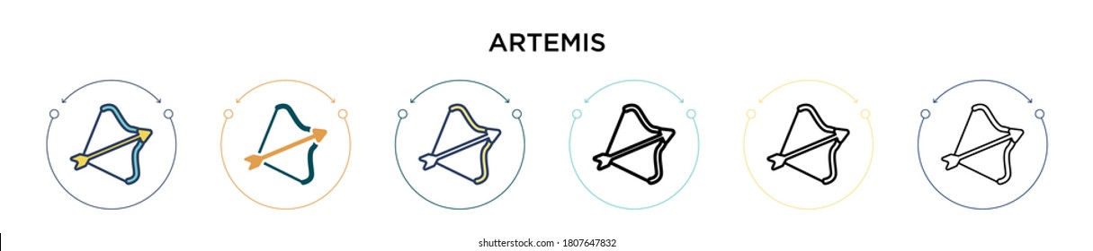 Icono de artemis en el estilo relleno, delgado, contorno y trazo. Ilustración vectorial de dos diseños de iconos vectoriales de artemis de color y negro se pueden utilizar para móviles, ui, web