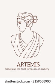 Artemis. Linear antique statue head. Trendy modern vector print with ancient classical sculpture of goddess. Greece mythology. Antique classic line art for fashion t-shirt, printing, poster, tatoo