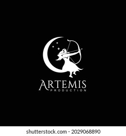 Artemis logo or female archer god and crescent moon concept premium design