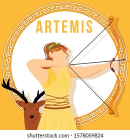 Artemis orange social media post mockup. Ancient Greek goddess. Mythological figure. Web banner design template. Social media booster, content layout. Poster, printable card with flat illustrations