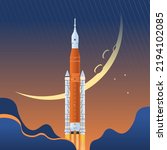 Artemis rocket vector illustration, 322 feet model SLS Block 1 Crew. Space launch system lift off launch to the moon. Artemis 1 exploration mission.