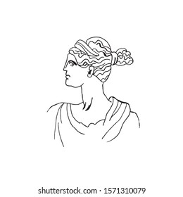 Artemis vector marble head. Work of art of ancient Greece era. An illustration of the goddess hunting on a white isolated background hand drawn the style of the line. Design for web, cards, printing.