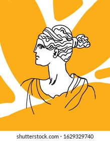 Artemis vector marble head. Work of art of ancient Greece era. An illustration of the goddess hunting on a white isolated background hand drawn the style of the line. Design for web, cards, printing.