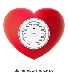 Arterial Blood Pressure Checking Concept. Tonometer On Red Heart Isolated On A White Background. Realistic Vector Illustration.