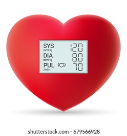 Arterial Blood Pressure Checking Concept. Digital Tonometer On Red Heart Isolated On A White Background. Realistic Vector Illustration. Healthcare