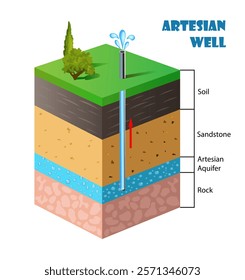 Artesian Well diagram. Science education vector 3d illustration