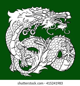 Artful Asian dragon black contour on green background