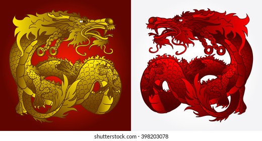 Artful Asian dragon gold and red version