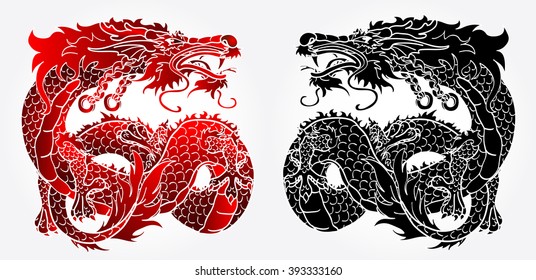 Artful Asian dragon on white background, black and red version