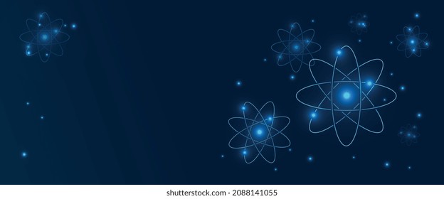 Künstliches Atom-Symbol mit kleinen Lichtern auf blauem Hintergrund. Galaxy Sterne, Konzept mit modernem Design und Vektorgrafik. Wissenschaftsbanner, stimulierende Farbe. 3D-Design für Katalog, Marketing und Werbung