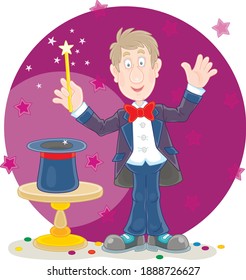 Artful circus magician illusionist conjuring tricks and waving a magic wand above his mysterious hat on a stage, vector cartoon illustration isolated on a white background