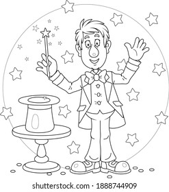 Artful circus magician illusionist conjuring tricks and waving a magic wand above his mysterious hat on a stage, black and white outline vector cartoon illustration for a coloring book page