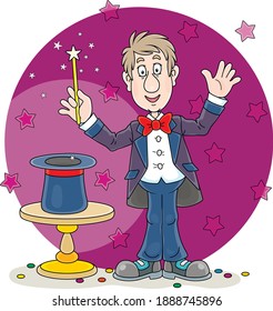 Artful circus magician illusionist conjuring tricks and waving a magic wand above his mysterious hat on a stage, vector cartoon illustration isolated on a white background