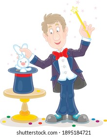 Artful circus magician illusionist conjuring tricks with a small white rabbit and waving a magic wand above his mysterious hat on a stage, vector cartoon illustration isolated on a white background