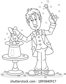 Artful circus magician illusionist conjuring tricks with a small rabbit and waving a magic wand above his mysterious hat on a stage, black and white outline vector cartoon illustration