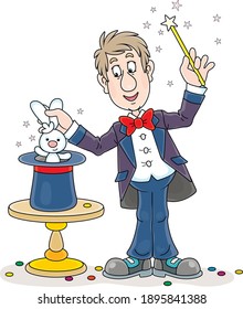 Artful circus magician illusionist conjuring tricks with a small white rabbit and waving a magic wand above his mysterious hat on a stage, vector cartoon illustration isolated on a white background