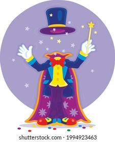 Artful Circus Magician Illusionist With His Magic Wand, Cloak And Hat, Conjuring Trick Of Mysterious Disappearance In A Amusing Entertaining Show On A Stage, Vector Cartoon Illustration