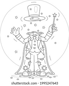 Artful Circus Magician Illusionist With His Magic Wand, Cloak And Hat, Conjuring Trick Of Mysterious Disappearance In A Amusing Entertaining Show On A Stage, Black And White Vector Cartoon Illustratio