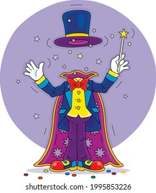 Artful circus magician illusionist with his magic wand, cloak and hat, conjuring trick of mysterious disappearance in an amusing entertaining show on a stage, vector cartoon illustration