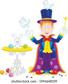 Artful circus magician illusionist with a mysterious hat and a magic wand, conjuring tricks with a small white rabbit and birds in an entertaining show on a stage, vector cartoon illustration